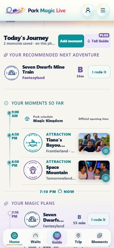 The actual Today journal, keeping rides, photos, and the next plan together